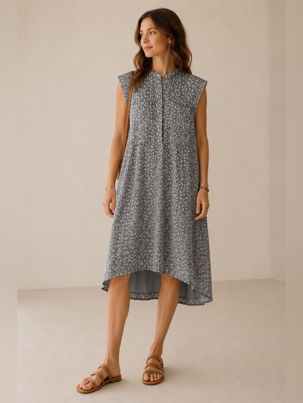Madewell Sleeveless Gray Leaf-Print Midi Dress